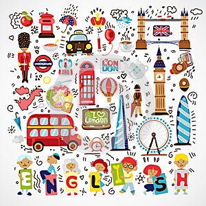 Vector London landmark, symbols. Hand drawn England doodle. London city doodles icon collection. Hand drawn set with