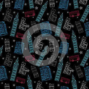 Vector London Symbols Black Seamless Pattern With Big Ben Tower, Double Decker Bus, Houses and Stars.