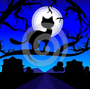 Vector Lonely cat on a tree against the night sky