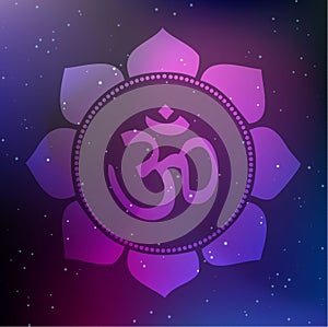 Vector Lotus Mandala with Om Symbol on a Cosmic Background