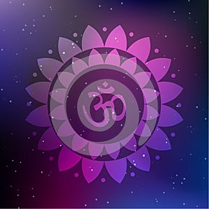 Vector Lotus Mandala with Om Symbol on a Cosmic Background