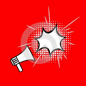 Vector Loudspeaker Icon with Speech Bubble on Bright Red Background, Blank Frame, Talking Cloud Comic Style.