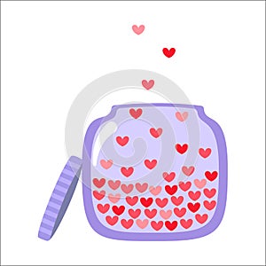 Vector Love bottle with hearts inside isolated on white background. Red hearts and blue jar with magic stars. Clip art