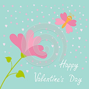 Vector love card. Heart flower Flying butterfly. Happy Valentines Day card. Flat design. Blue sky background.