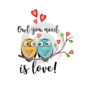 Vector love couple owls with hearts on a tree branch. An insulated design white background for Valentine s day