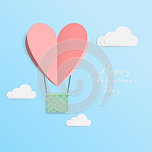Vector of love and Happy Valentine`s day. origami design elements cut paper made hot air balloon in heart shape flying