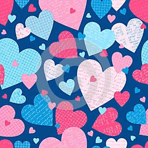 Vector love seamless pattern with grid, crumpled, handwritten letters and typewriter colorful paper hearts on blue background