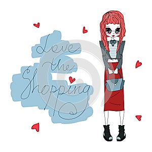 Vector Love the Shopping Fashion Illustration with a Cute Colorful Fashion Girl