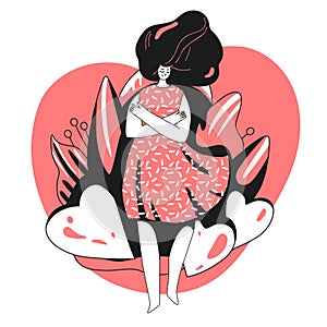 Vector Love yourself and take care of yourself concept. Girl, hugging herself with big love heart. Girl Healthcare
