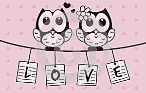 Vector lovely cute owl cartoon with hanging love letter and love background