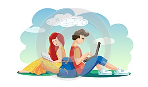 Vector Lovers boy and girl together spend time. Woman reading book Man working on laptop Students sitting on grass.