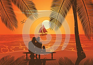 Vector lovers and a cat on a sunset