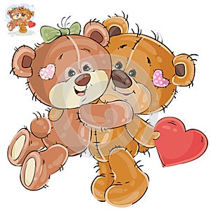 Vector loving brown teddy bear hides behind his back a valentine, and his girlfriend hugs him by the neck