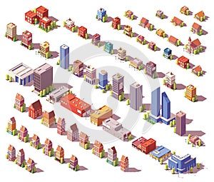 Vector low poly isometric buildings set