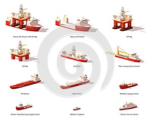 Vector low poly offshore oil exploration vessels