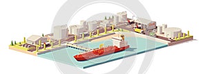 Vector low poly oil depot and oil tanker ship