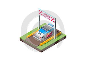 Vector low poly rally racing car in white and red livery on the rally stage start Line