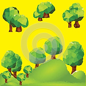 Vector low poly trees on landscape mountain