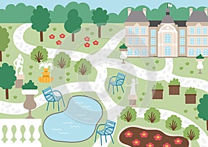 Vector Luxembourg garden in Paris landscape illustration. French capital city park scene with palace, benches, chairs, sculptures