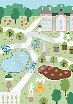 Vector Luxembourg garden in Paris landscape illustration. French capital city park vertical scene with palace, benches, chairs,