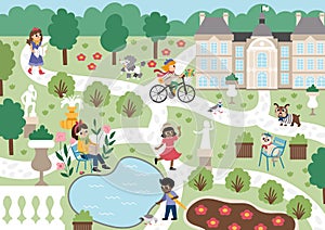 Vector Luxembourg garden in Paris landscape illustration with people and animals. French capital city park scene with palace,