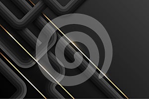 Vector luxury lines retro style abstract background. Layers of diagonal black striped bibbon paper material with thin gold line.