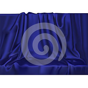 Vector luxury realistic blue silk satin drape textile background. Elegant fabric shiny smooth material