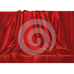 Vector luxury realistic red silk satin drape textile background. Elegant fabric shiny smooth material