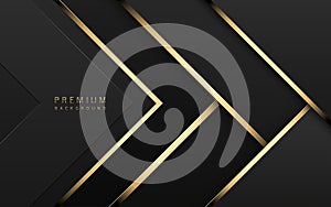 Vector luxury tech background. Stack of black paper material layer with gold stripe. Arrow shape wallpaper