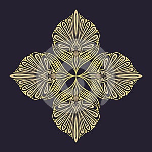 Vector luxury vintage mandala illustration. Clip art tracery yellow flower damask ornament on a dark background. Floral rococo