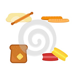 Vector macaroon fresh baked bread products icons isolatedset meal bakery wheat loaf rye grain snack breakfast baguette