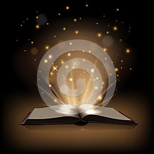 Vector magic book with magic lights on dark brown background.