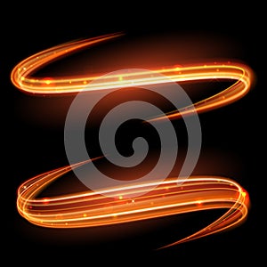 Vector magic glowing light swirl trail. Glitter fire spark wave. photo