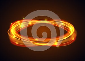 Vector magic gold circle. Glowing fire ring trace on black background. Ellipse line with flying sparkling flash lights