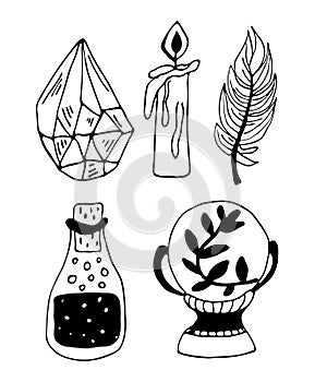 Vector magic icons. Hand drawn doodles sketch magician set. Witchcraft symbols - crystal, feather, candle, potion, magic ball