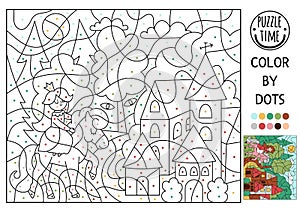 Vector Magic kingdom color by dot activity with princess on a horse. Fairytale counting game with cute forest landscape and house