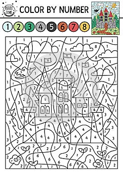 Vector Magic kingdom color by number activity with castle. Fairytale counting game with cute fantasy forest landscape and king