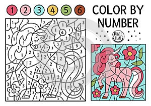Vector Magic kingdom color by number activity with pink unicorn and flowers. Fairytale counting game with cute horse. Funny
