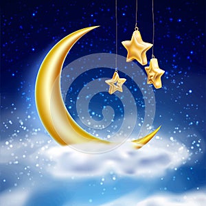 Vector magic night sky with moon stars cloud