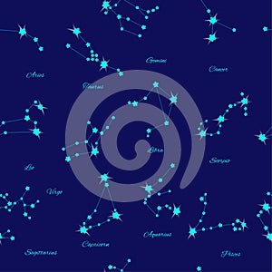 Vector magic seamless pattern with constellations and stars on blue background