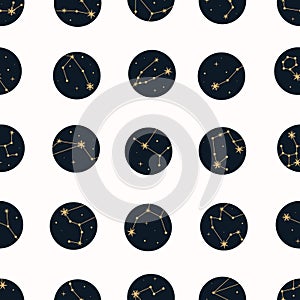 Vector magic seamless pattern with constellations and stars.