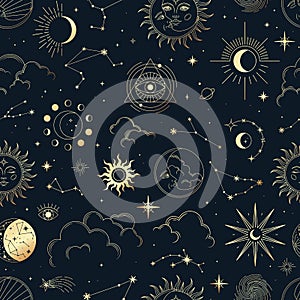 Vector magic seamless pattern with constellations, sun, moon, magic eyes, clouds and stars.
