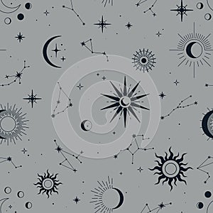 Vector magic seamless pattern with constellations, sun, moon, magic eyes, clouds and stars.