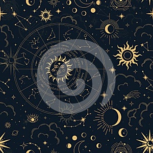 Vector magic seamless pattern with constellations, zodiac wheel, sun, moon, magic eyes, clouds and stars.