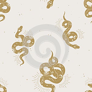Vector magic seamless pattern with snake with signs sun, moon, magic eyes, constellations and stars.