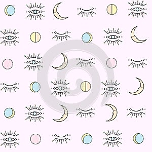 Vector magic seamless pattern with sun, moon and magic eyes. Mystical esoteric background for design.