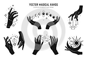 Vector magical hands set of logo template. Linear style, minimal design. Planets, moon phases, sun and stars. Esoteric