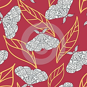 Vector Magical Moths in BandW on Red seamless pattern background.
