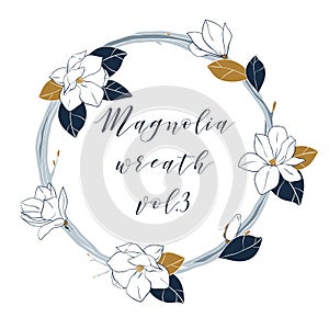 Vector magnolia wreath in deep blue and bronze colors. Hand draw illustartion with magnolia flowers,buds and leaves.Template for y