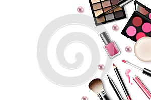 Vector make-up background with space for your text and cosmetic tools on white background from top view